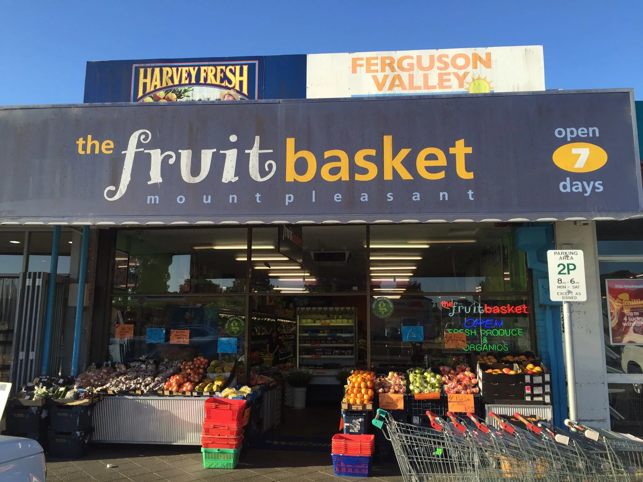 The Fruit Basket storefront on Cranford Avenue with colourful produce displays